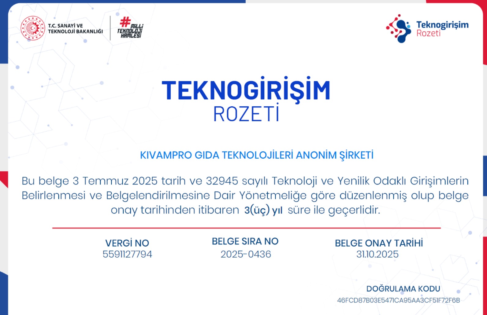 KıvamPRO Gıda Teknolojileri A.Ş. Teknogirişim Rozeti
